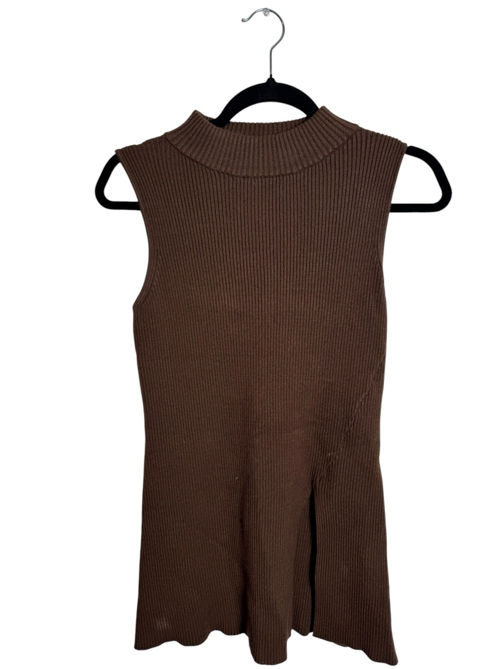 Edit by Jason Wu Ribbed Mock Neck Sleeveless Sweater Side Slit Chocolate Brown S